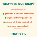 What's in our soap: grass-fed tallow, olive oil, coconut oil, essential oils